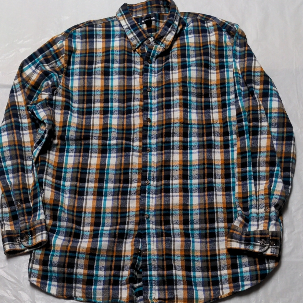 Lands End Traditional Fit Teal Brown Plaid Flannel Long Sleeve Shirt Size XXL/T